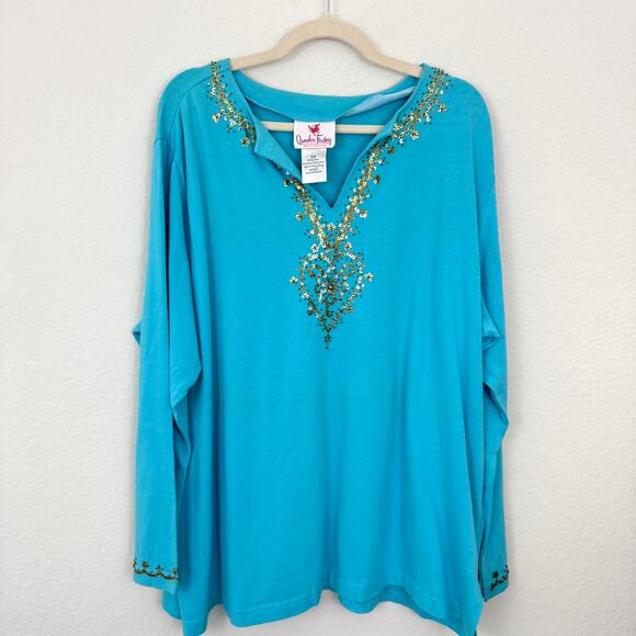 Quacker Factory Womens Top Shirt Size 2X Sequin Beaded 100% Cotton Blue - Picture 1 of 7